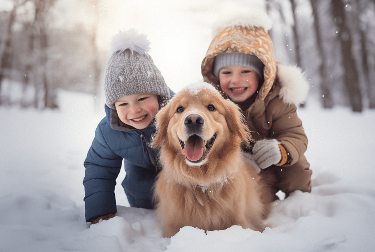 Mini Golden in the snow with kids